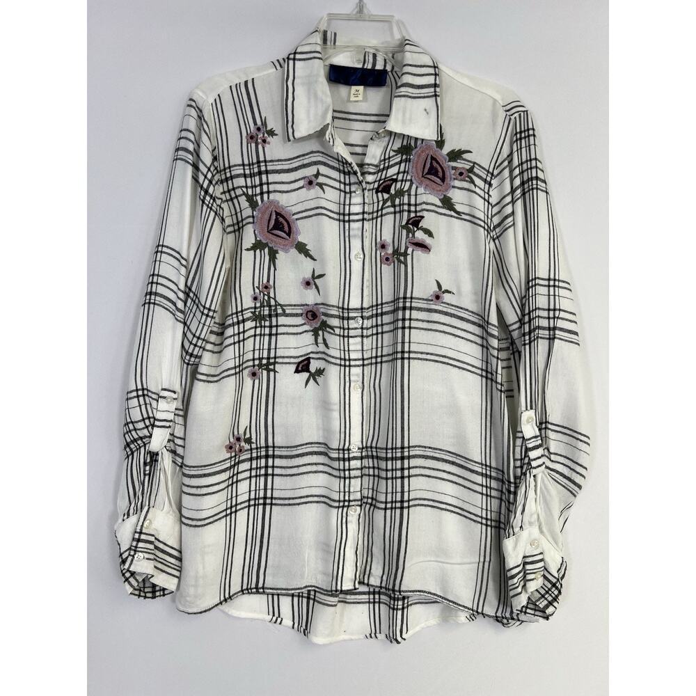 Blue Rain Floral Embroidered White Plaid Button Down‎ Shirt Flannel Women’s M